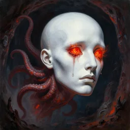 painting by greg rutkowski of a flying human head with tears running down it's face face that is chalk white in color, with tentacles coming of the neck, fiery scorching red eyes, flying in a terrying hellish dark cavernous place
