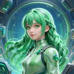 a cinematic scene girl with green hair in spacecraft, blue green background, intricate, elegant, highly detailed, digital painting, artstation, concept art, smooth, sharp focus, illustration, art by artgerm and greg rutkowski and alphonse mucha