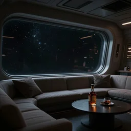 8 k photography of spacious quarters on a futuristic starship, large side window view of stars in dark space, low lights, couch facing window with open bottle of liquor on table, muted colors, somber, trending on artstation
