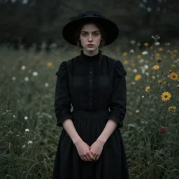 a portrait of girl standing in a field, wearing black old dress and hat, detailed hands, by andrea kowch, dark, scene, magic realism, flowers in background,