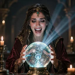 A gypsy fortuneteller peering into her crystal ball, cryenging, raytracing