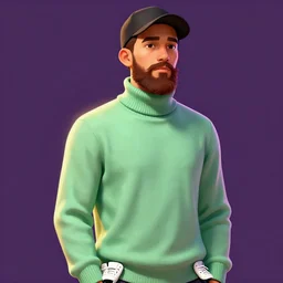 a young man with a chin - style brown beard without mustache in a black cap, a light green turtleneck sweater and a super white sneakers, in full height, unreal engine, digital painting, vivid colors, vibrant colors, sharp focus illustration, artstation hq. intricate, elegant, medium shot, art by wlop