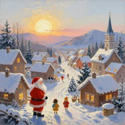 a fabolous painting of santa claus village, morning sun, fantasy, jean-baptiste monge, dustin nguyen, trending on artstation