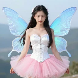 animewoman, whitecorset, pinktutu, bluefairywings, digital art, fantasy art