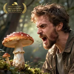 angry handsome bearded young man shouting at a mushroom