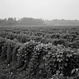 black and white, cinematic, landscape covered in vines, hazy, distant forest, ultra detailed, jean delville, maxfield parrish