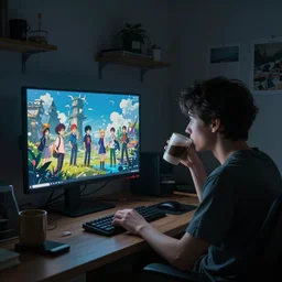 person sitting at a desk, looking at monitor, coffee drink, dimly lit bedroom, unreal engine, fantasy art by greg, loish, rhads, ferdinand knab, makoto shinkai and lois van baarle, ilya kuvshinov, rossdraws, tom bagshaw, night lighting, trending onstudio ghibli, highly detailed, octane render, 8 k