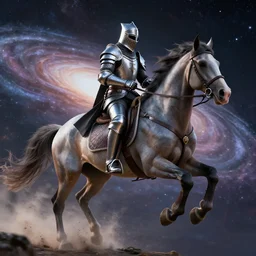 A knight while riding in a horse through the galaxy, hyperrealistic, 8K, octane render, highly detailed, volumetric lighting