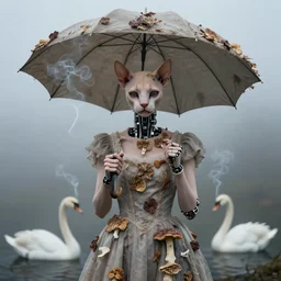 photographic portrait of sad max ernst woman hairless cat face robotic dried melting floral fungus with spiraling cigarette smoke, wearing a dress, holding an umbrella and a swan, in fog, editorial