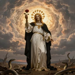 rembrandt style golden dead saint character in a full body virgin pose wearing white and black victorian robe with an aureola made of golden cactae over the head and holding a rose, with warm backlight.  background: whirlpool of clouds forming an angelic circle. sunset light. beneath there's a barren land with serpents. apocalyptic. low angle.