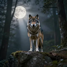 Intimidating wolf-bird standing on a cliff's edge looking straight ahead, rays of moonlight illuminating a forest backdrop