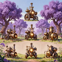purple flower trees, steampunk!!!! steam machines, garden, grainy texture, infographic with illustrations, glowing lights, epic fantasy, colorfully, digital art, highly saturated colors, concept art, detailed illustration, hd, 4 k, digital art, greg rutkowski, dan mumford, studio ghibli trending on artstation