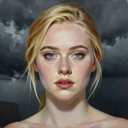 professional painting of Elle Fanning in the style of Gerald Brom, head and shoulders portrait, symmetrical facial features, smooth, sharp focus, illustration, intricate, stormy weather, extremely detailed masterpiece,