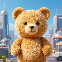 portrait of haribo bear in future city, color and