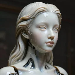 portray of beautiful robot girl with porcelain wet glossy skin, look like a 3d model, alive statue, Ivan Bilibin, Ross Tran, Tom Bagshaw