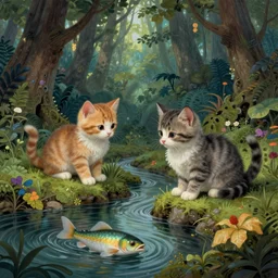 two kittens in the enchanted forest watching the fish in the stream, fantasy, intricate, extremely detailed, matte, artstation, art by greg rutkowski, louis wain, alan lee, terry gilecki