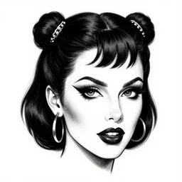 witch burlesque psychobilly punk, detailed face, white background, drawing, illustration