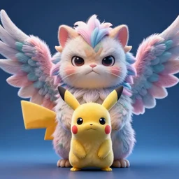 high quality 3 d render hyperrealist very cute multipastel fluffy! grumpy griffin cat hybrid with detailed fluffy wings!, vray smooth, in the style of detective pikachu, hannah yata charlie immer, dramatic blue light, low angle, uhd 8 k, sharp focus