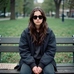 moody portrait of a young homeless woman sitting on a bench in a park. there is a cardboard with some text on the bench. camera is right in front. she has serious expression and is staring right into camera. she is wearing sunglasses. the colours are muted, kodak ekter 1 0 0.