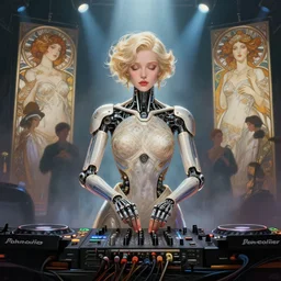 cyborg dj isabelledeltore mixing on stage, diffuse lighting, fantasy, intricate, elegant, highly detailed, lifelike, photorealistic, digital painting, artstation, illustration, concept art, smooth, sharp focus, art by john collier and albert aublet and krenz cushart and artem demura and alphonse mucha