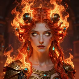 the greek goddess hestia, hair made of fire, steampunk, beautiful glowing eyes, volumetric lights, red and cyan theme, art nouveau, intricate, highly detailed, digital painting, artstation, concept art, smooth, sharp focus, cinematic, illustration, beautiful face, art by artgerm and greg rutkowski and alphonse mucha