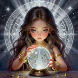 a portrait of girl fortuneteller, crystal ball, gold bracelets, gold necklace, magic circle, silver magic, portal background, god rays, fantasy, dungeons and dragons, an ultrafine detailed painting, chibi, detailed painting, boris valejo. octopath traveler decal!!!