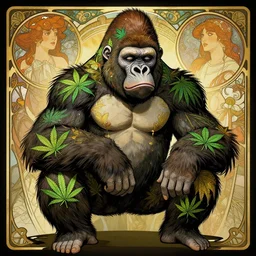 portrait of a bored gorilla, wearing a costume made out marijuana designs, behance hd artstation, by moebius, alphonse mucha, ayami kojima, amano, greg hildebrandt, and mark brooks, masculine, male, art nouveau, neo - gothic, character concept design, dynamic light, stylised illustration, disco elysium
