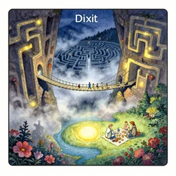 dixit card, chasm, faling, rope bridge, fog, mist, lights, night time, labyrinth, picnic, cryptid, intricate, amazing composition, colorful watercolor, by ruan jia, by maxfield parrish, by shaun tan, by nc wyeth, by michael whelan, by escher, illustration, volumetric, bloom, sun puddle