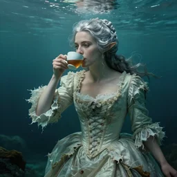 a 1 8 th century, silver haired, ( ( mad ) ) ) elf princess look like ( ( young kate winslet ) ), dressed in a ragged, wedding dress, is drinking a cup of tea. everything is underwater, floating. greenish blue, theatrical, digital art, inspiref by paintings of henry meynell rheam