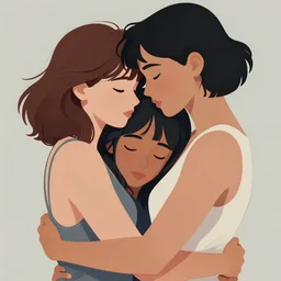 beautiful painting of a young mixed race lesbian couple cuddling, 2 8 4, romantic, hug, highly detailed, smooth, stylized, medium shot, vector line art, clean cel shaded vector art, by lois van baarle and ross tron, artgerm, helen huang, makoto shinkai, ilya kuvshinov, rossdraws