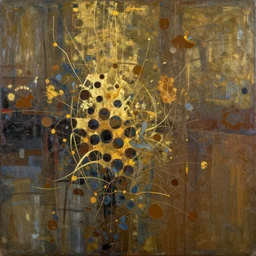 an abstract painting with a lot of stains, golden threads, brown holes, surreal style