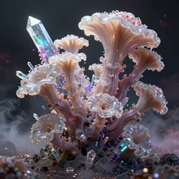 boolean fractal of a rare inter dimensional fungi with exotic translucent iridescent corals as petals and long colored crystals, filaments trespassing several layers of matter, nebulae, smoke, dust, crystal, detailed, octane render, houdini, arnold, fume fx, krakatoa, wide shot, angular, hd, volumetric light, particles art station