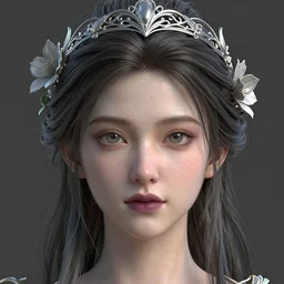 complex 3 d render, ultra detailed, realistic headshot portrait of a beautiful porcelain skin woman, face, wispy, wavy hair worn tied back in a messy bun, wearing filigree silver elven circlet, detailed eyes, round catchlights, flowers in hair, mauve lips, 8 5 mm lens, beautiful, studio portrait, proportional,