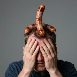 Hide the pain harold with pork sausages growing from his head, stock photo, detailed, 4k