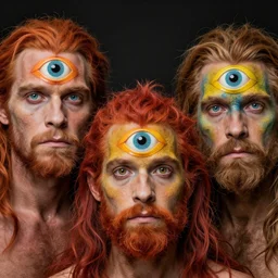 three three eyed humanoids, third eye middle of forehead, wide wide shot, very hairy bodies, vivid colors, realistic forehead eye, beautiful lighting