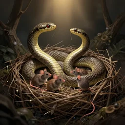 snakes and mice gather in a nest ， night, magic, intricate ， smooth line, light dust ，, unreal engine, mysterious dark background, warm top light, loish, rhads, ferdinand knab, greg rutkowski, dan mumford, wlop, sconcept art, digital painting, 8 k