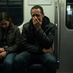 tony hawk with no legs crying on a subway train, photograph, emotional lighting, moody shadows, 4 k