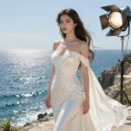 a beautiful elegant goddess woman on a cliff overlooking the ocean, highly detailed, photorealistic camera shot, bright studio setting, studio lighting, crisp quality, light reflections, unreal engine 5 render,