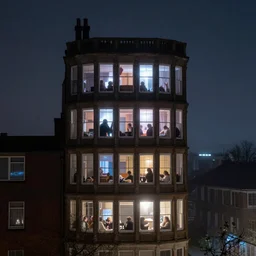 Spying into the windows of a small tower block from outside , observing the private lives of the human inhabitants, volumetric lighting shines through the misty nighttime sky