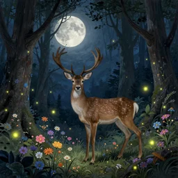 epic fantasy, old dark forest, moon, night, deer, flowers, magic, color lights, fireflies, detailed illustration, hd, 4k, overdetailed art, by greg rutkowski, by Alfons Mucha, complementing colors