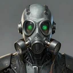 low angle shot of a cyberpunk gazmask robot character wearing a gazmask, green eyes, intricate, elegant, highly detailed, centered, digital painting, artstation, concept art, smooth, sharp focus, illustration, artgerm, Tomasz Alen Kopera, Peter Mohrbacher, donato giancola, Joseph Christian Leyendecker, WLOP, Boris Vallejo