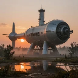 huge brutalistic soviet space station by le corbusier, puddles of water, trees, sunset, orange glow, foggy, by greg rutkowski, shishkin, bradley noah