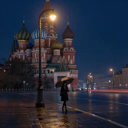 lonely road of moscow at night with a single lamp post, walking woman with umbrella, artstation, detailed, by greg rutkowski,