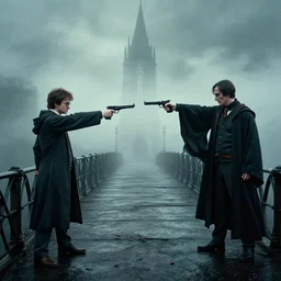 harry potter and voldemort pointing guns!!! at each other on a bridge with mist, moody lighting, dark, expressive, realistic, 4 k, realism, distance, far away