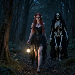 a photo of woman elf walks in night forest, holding lantern in hands. girl is hunted by dark fairy demon, ghost of death, black skeleton in cloak hood, front view