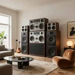 retro futuristic loft apartment, massive 7 0 s hi fi system, funky furniture, modern art, wabi sabi