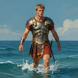 portrait of a ian bohen as a roman soldier stepping out of the ocean by ralph horsley, rossdraws, matte painting, stylized background, cinematic lighting, maya, pixar, unreal engine, artstation