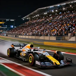 formula 1 racing long exposure under night lights huge crowds hyperrealistic award - winning photography nikon