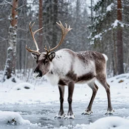 A Reindeer on a frozen Amazon river in the rainforest, covered in ice and snow, award winning nature photography by National Geographic