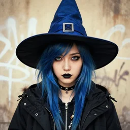 highly detailed closeup portrait of a punk witch young lady student, blue witch hat, black parka, blue hair by atey ghailan, by greg rutkowski, by greg tocchini, by james gilleard, by joe fenton, by kaethe butcher, gradient, blue, black, brown and cream color scheme, grunge aesthetic!!! white graffiti tag wall background
